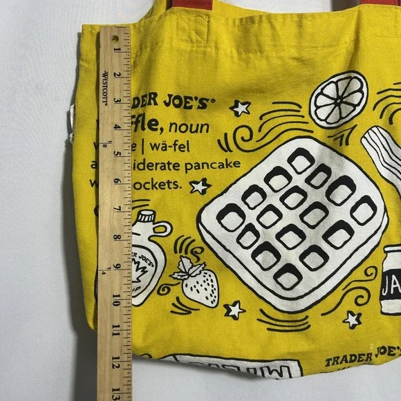 Trader Joe's Breakfast Toast Waffle Yellow Canvas Tote Bag Red Handles Grocery - Picture 6 of 10